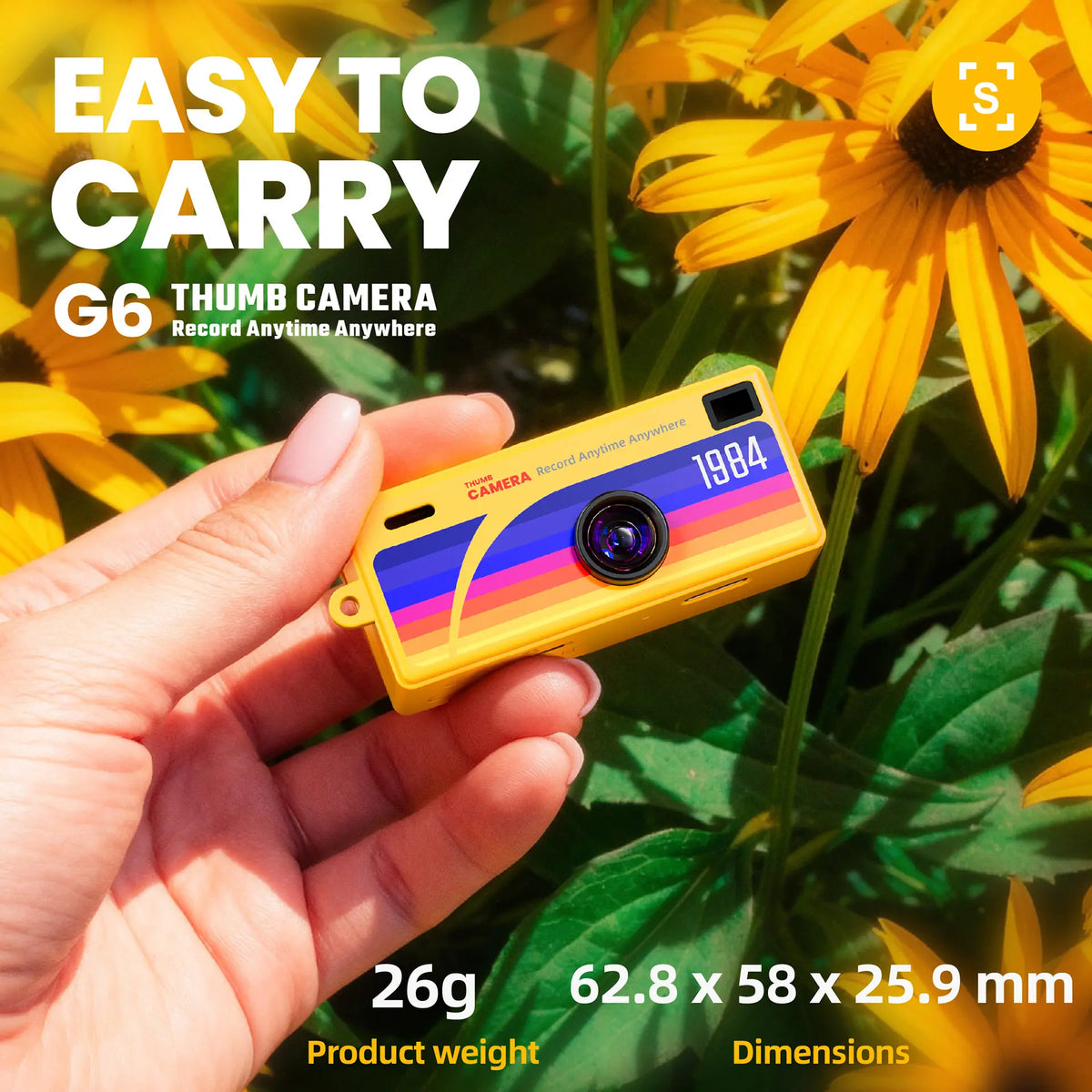 The yellow G6 held in a hand among sunflowers, with supplier weight and size labels