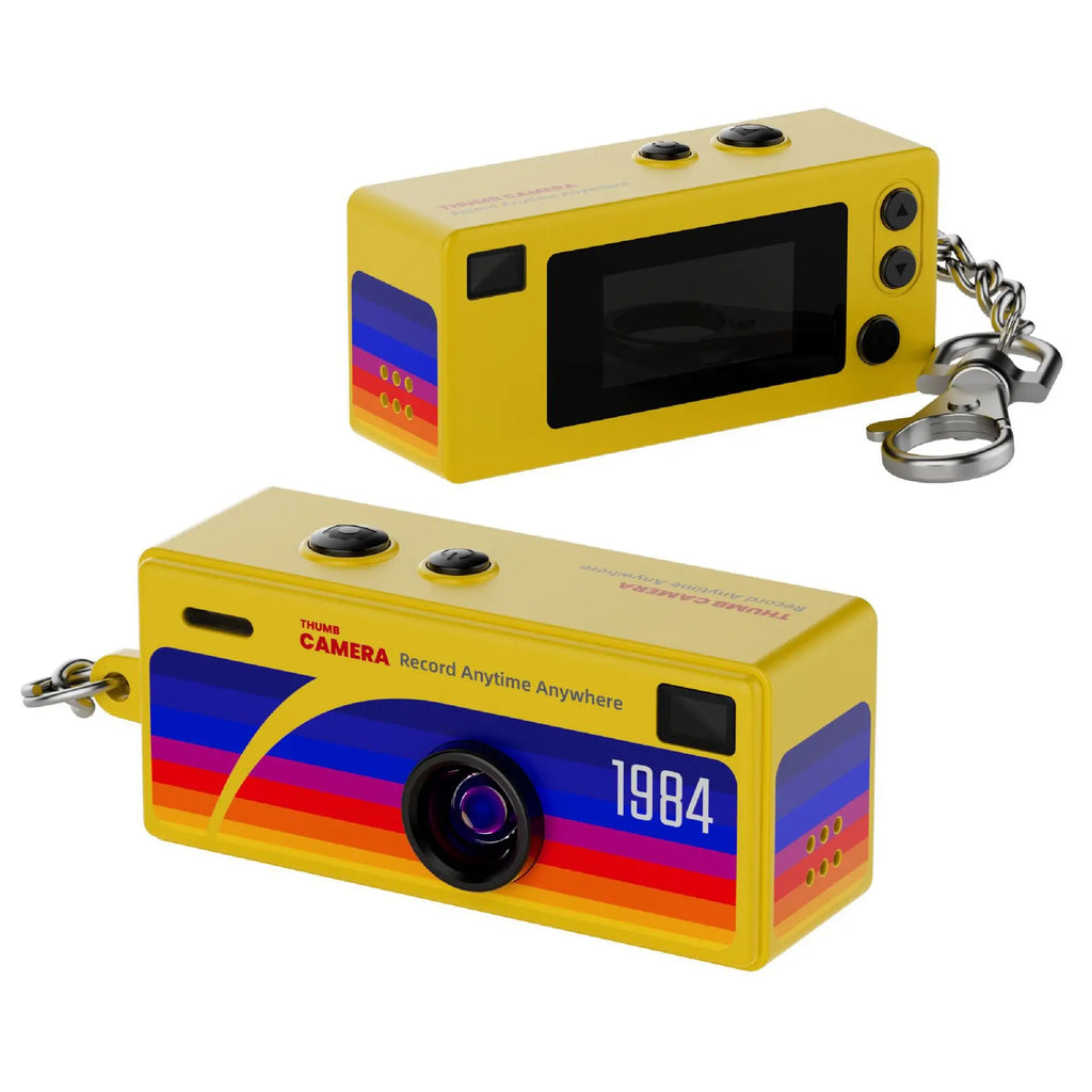 Yellow G6 Mini Retro Digital Camera, front with 1984 rainbow stripes and back with screen, on a keyring